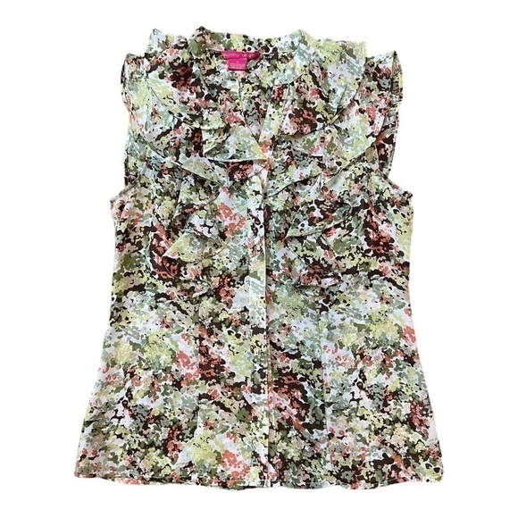 Sunny Leigh Floral Green Coral White Button Down Flowy Chiffon Blouse in Medium - Picture 9 of 10